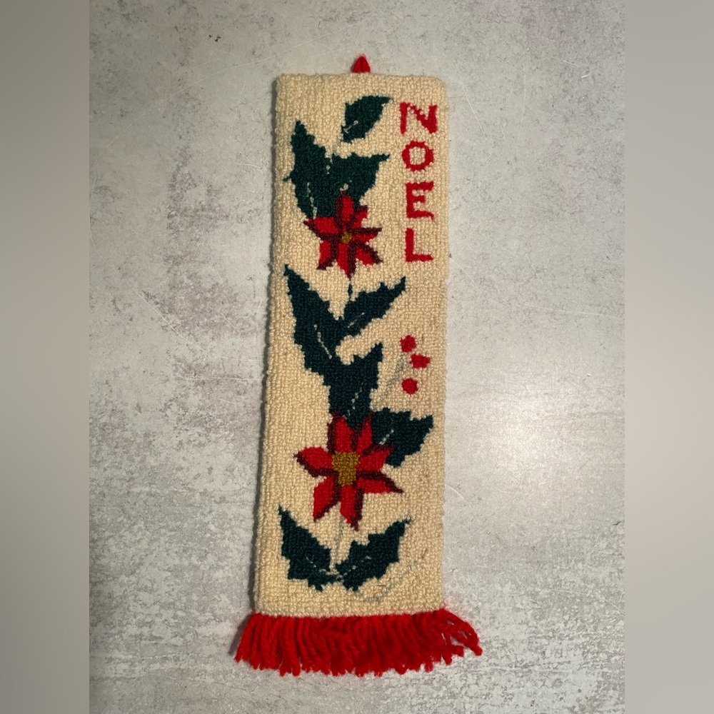 Vintage Hand Hooked Christmas Wall Hanging Noel Poinsettia 100% Wool Xmas